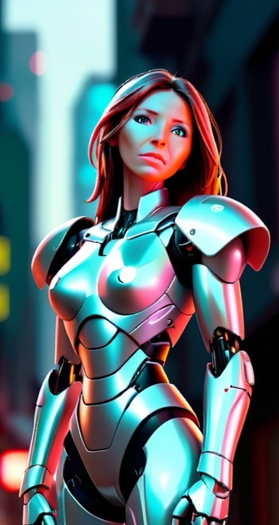 Prompt: Futuristic digital art of a sleek humanoid robot, metallic sheen with neon accents, alert stance, glowing eyes with digital display, urban cyberpunk setting, futuristic cityscape in the background, high-tech materials, best quality, ultra-detailed, digital art, cyberpunk, futuristic, neon tones, alert pose, professional lighting