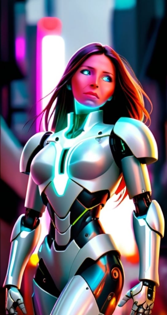 Prompt: Futuristic digital art of a sleek humanoid robot, metallic sheen with neon accents, alert stance, glowing eyes with digital display, urban cyberpunk setting, futuristic cityscape in the background, high-tech materials, best quality, ultra-detailed, digital art, cyberpunk, futuristic, neon tones, alert pose, professional lighting