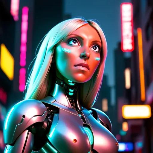Prompt: Futuristic digital art of a sleek humanoid robot, metallic sheen with neon accents, alert stance, glowing eyes with digital display, urban cyberpunk setting, futuristic cityscape in the background, high-tech materials, best quality, ultra-detailed, digital art, cyberpunk, futuristic, neon tones, alert pose, professional lighting