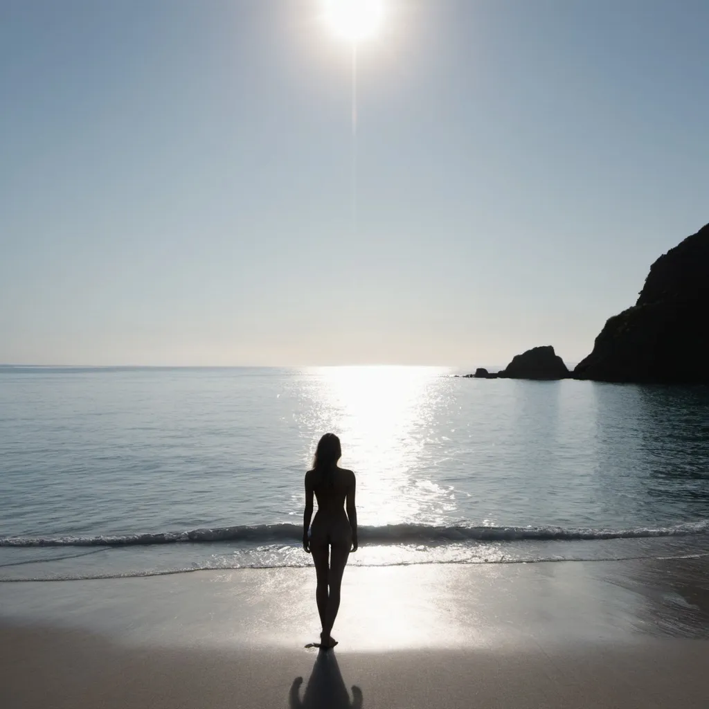 Prompt: a silhouetted female figure standing on the beach, sea is crystal clear an island in the background