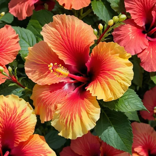 Prompt: Radiant Colors - Hibiscus: The hibiscus flower boasts a dazzling array of vibrant hues, from deep crimson to bright yellow, catching the sunlight and drawing attention from all around.