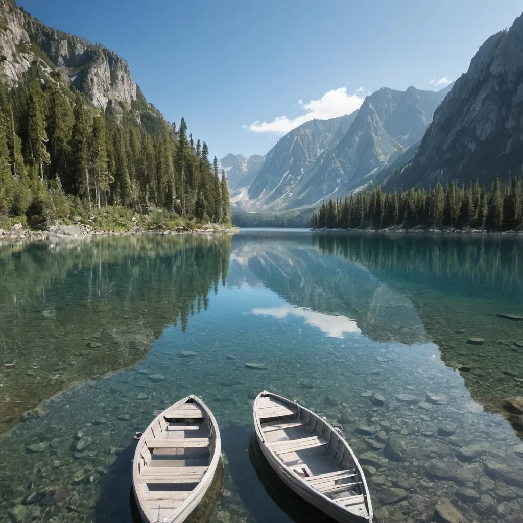 Prompt: a crystal clear lake with boats fishing on shore