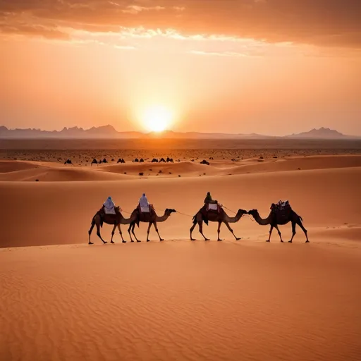 Prompt: sun setting in a desert with camels in the background