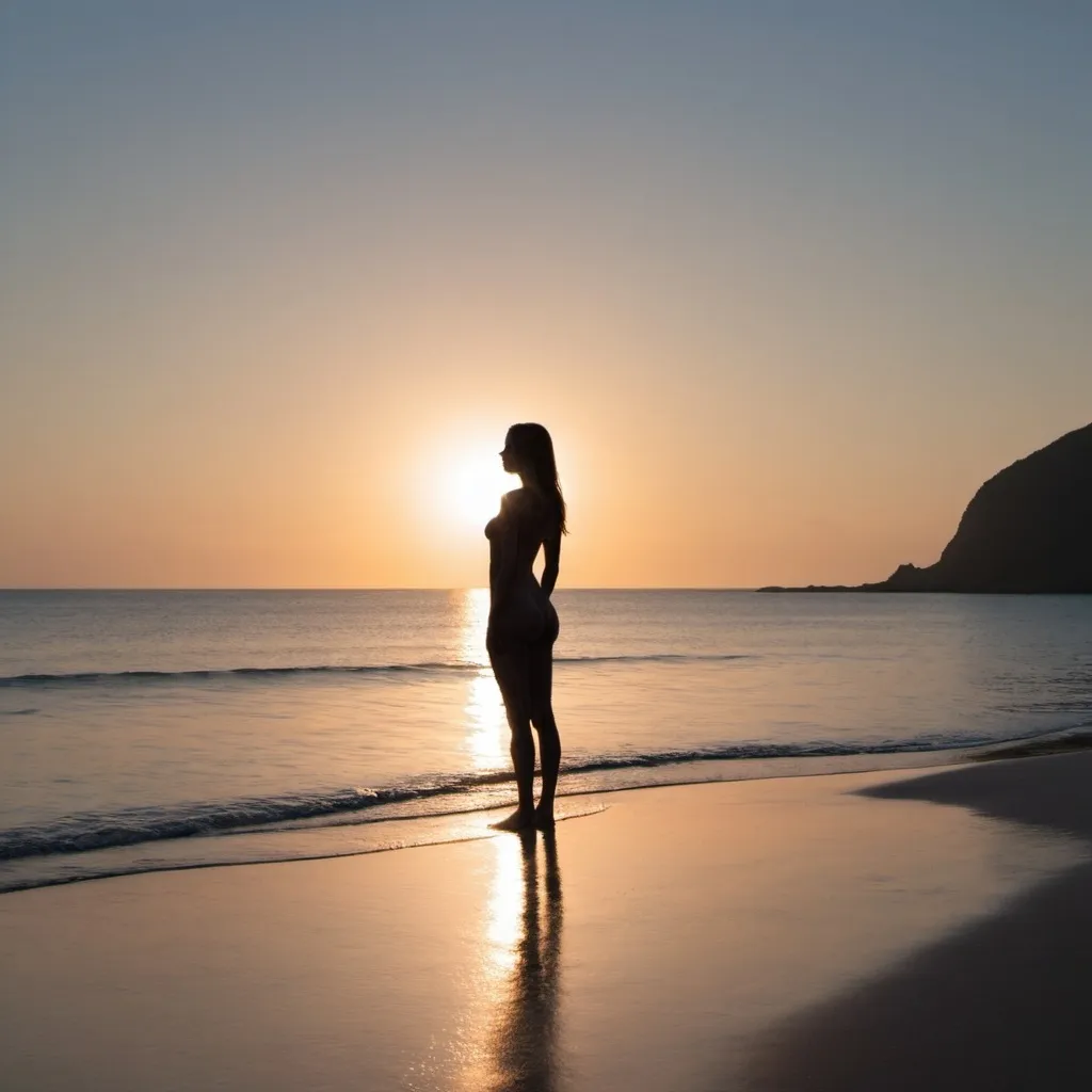 Prompt: a silhouetted female figure standing on the beach, sea is crystal clear an island in the background with setting sun