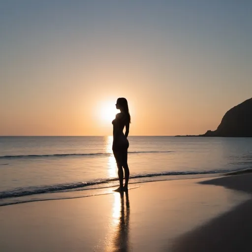 Prompt: a silhouetted female figure standing on the beach, sea is crystal clear an island in the background with setting sun