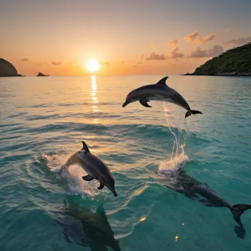 Prompt: Sunsetting on an island and crystal clear sea, with dophins jumping in background