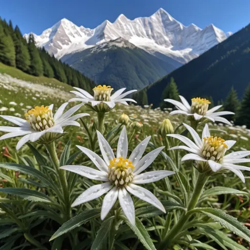 Prompt: In the background, majestic mountains rise up, their peaks dusted with snow and their slopes covered in dense forests, enhancing the edelweiss flower's scenic environment.
