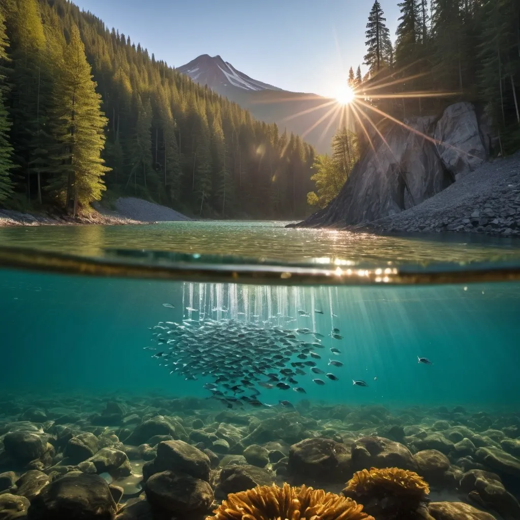 Prompt: a thick forested mountain in the background, sun is setting on the mountain, clear crystal water falling from a clip into a lake where you can see school of fish