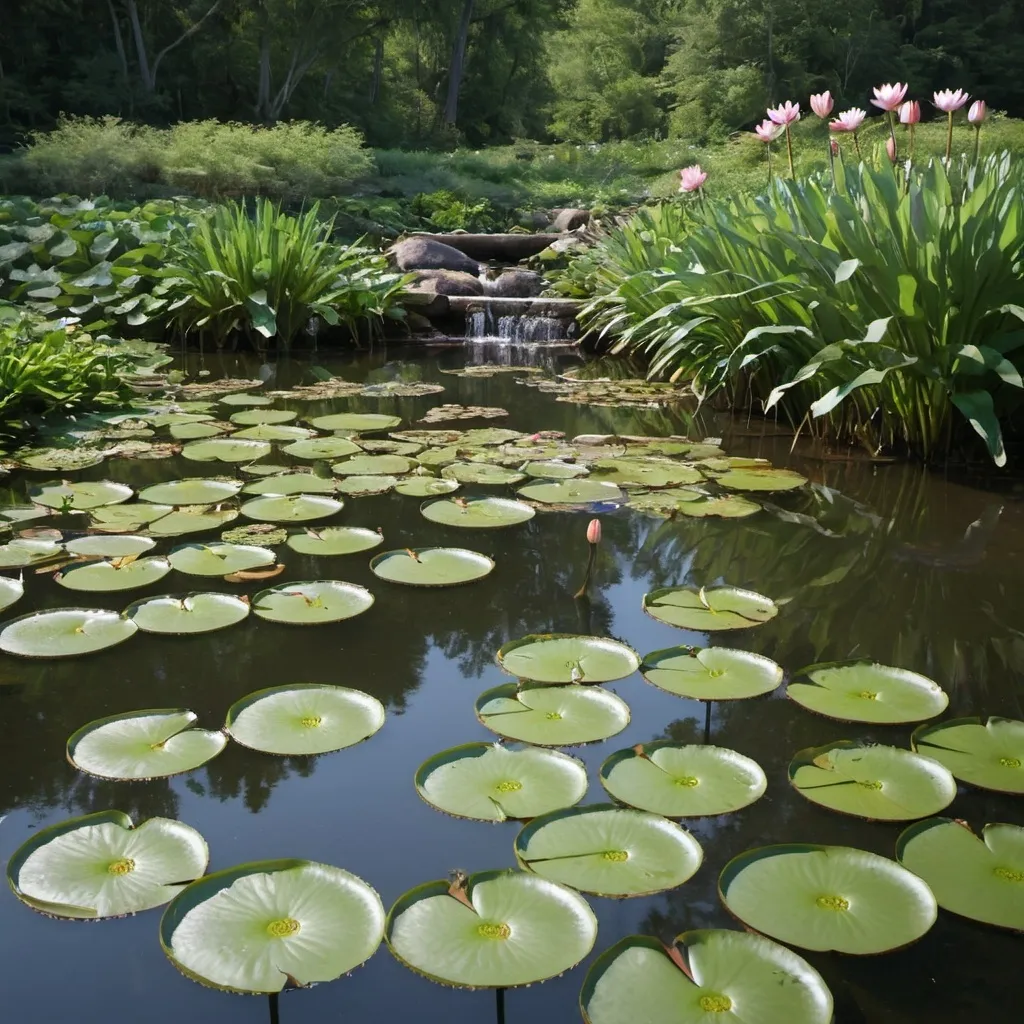 Prompt: Nearby, a clear, babbling stream winds its way through the landscape, the sound of its gentle flow adding a soothing soundtrack to the water lily's serene setting.