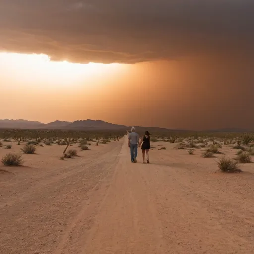 Prompt: sun setting in background camells walking in a desert storm