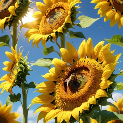 Prompt: Sunflower: Busy bees fly around the sun flower, drawn by its nectar, their buzzing a harmonious addition to the peaceful sounds of the natural environment.