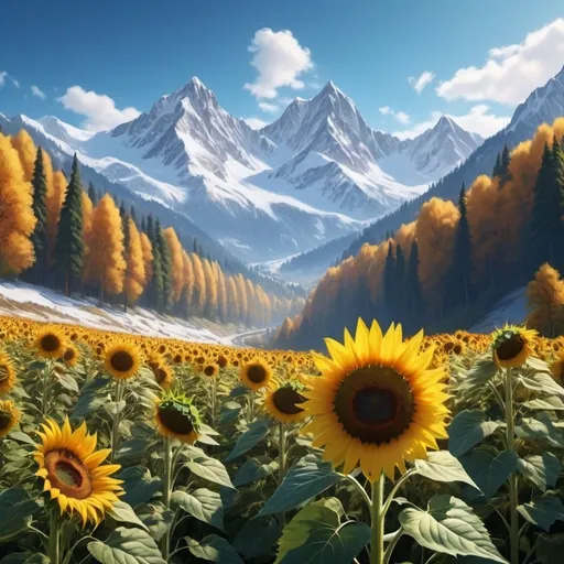 Prompt: In the background, majestic mountains rise up, their peaks dusted with snow and their slopes covered in dense forests, enhancing the sun flower's scenic environment.