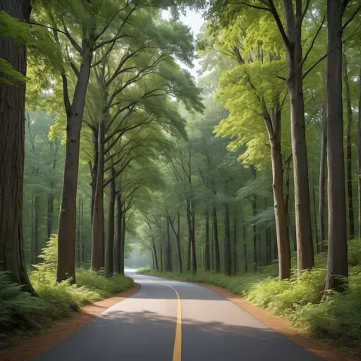 Prompt: A smooth, paved road meanders gracefully through the dense forest, creating a picturesque pathway under a canopy of towering trees.