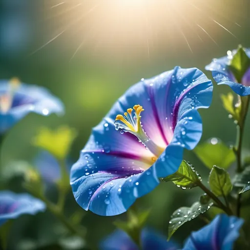 Prompt: Tiny droplets of morning dew rest on the petals and leaves of the morning glory, glistening like diamonds in the early light, adding a fresh and pure touch to the flower's beauty.