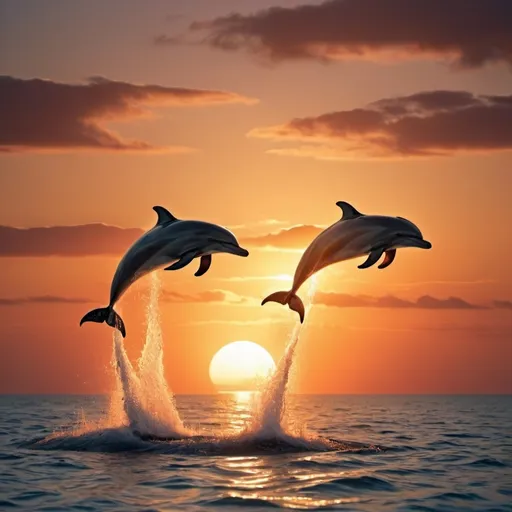 Prompt: sun setting down on horizon on an islands, in the foreground two dolphins jumping out of sea forming a love symbol