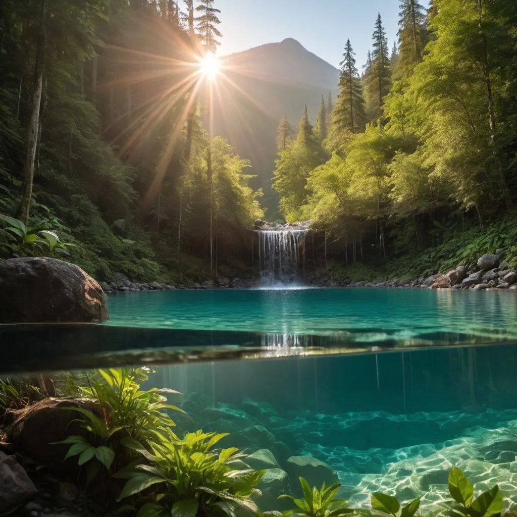 Prompt: a thick forested mountain in the background, sun is setting on the mountain, clear crystal water falling from a clip to a very clear crystal pool in a lush forest