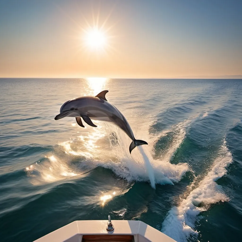 Prompt: dolphin jumping from sea over a boat on a sunny day, very picturesque sea