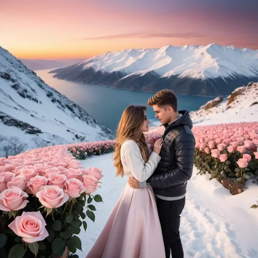 Prompt: A perfect sunrises between the snowy mountains  which is near to the ocean where the snow covered with roses where boy proposing beautiful girl with roses