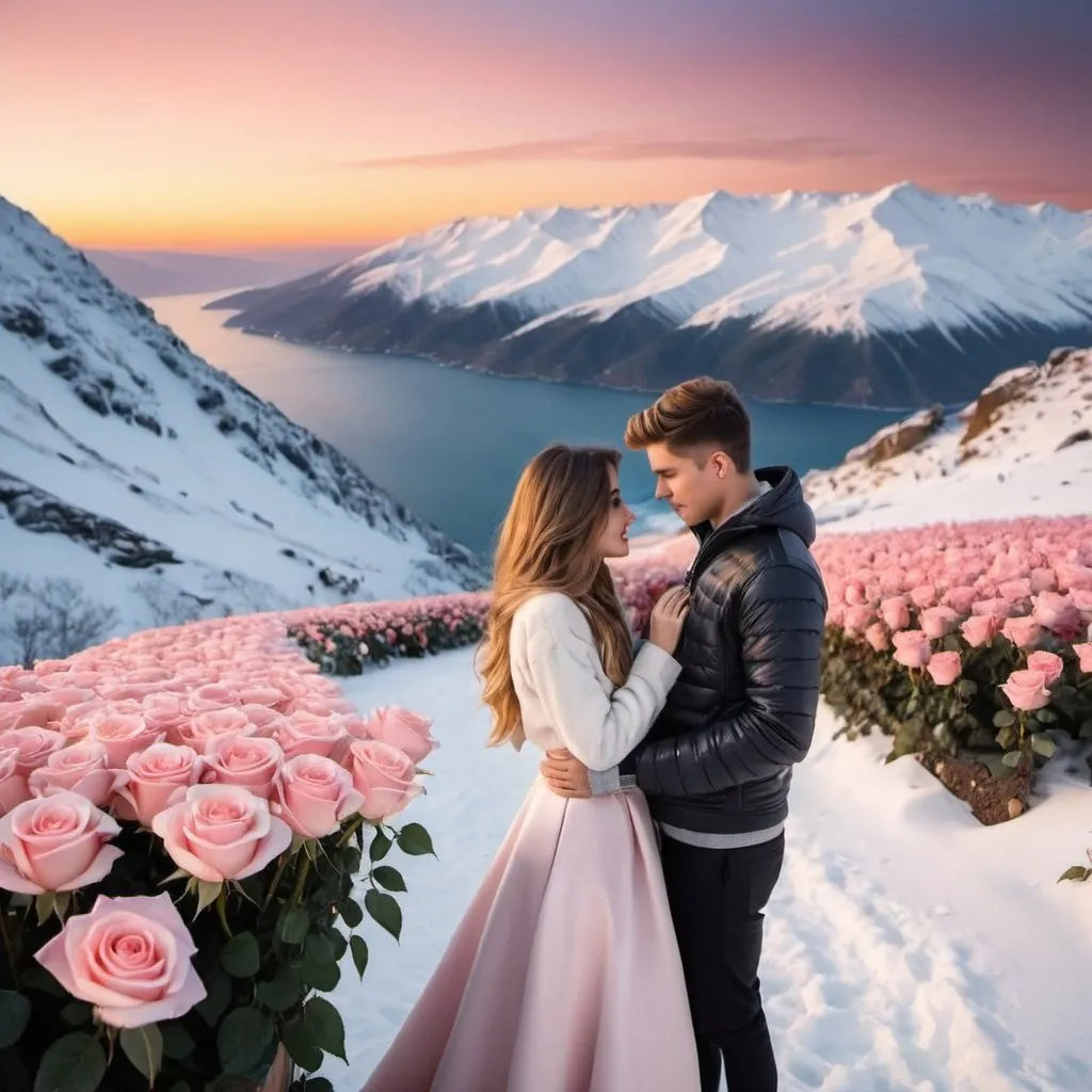 Prompt: A perfect sunrises between the snowy mountains  which is near to the ocean where the snow covered with roses where boy proposing beautiful girl with roses