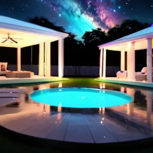 Prompt: resort style luxury backyard with modern classical romantic music aura atmospheric galaxy