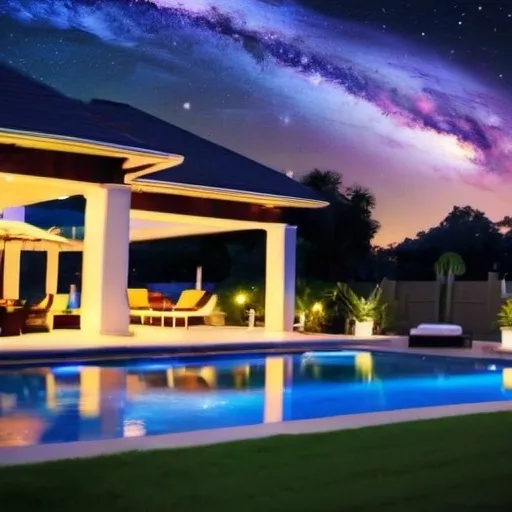 Prompt: resort style luxury backyard with modern classical romantic music aura atmospheric galaxy