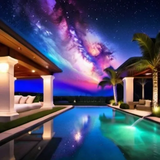 Prompt: resort style luxury backyard with modern classical romantic music aura atmospheric galaxy