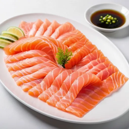 Prompt: short and thin sliced salmon sashimi served in the white plate