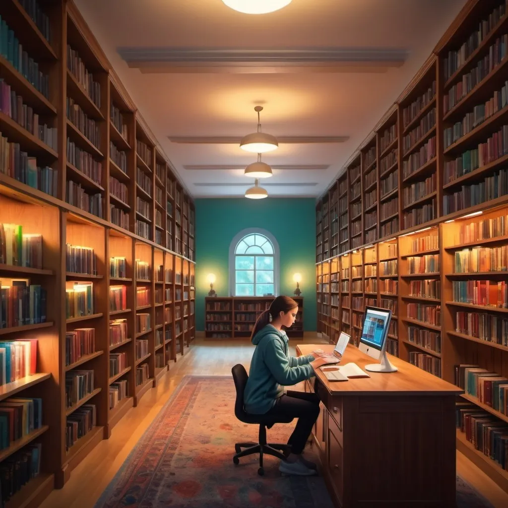 Prompt: Visual of rows of bookshelves combined with a student searching an online database on a computer.