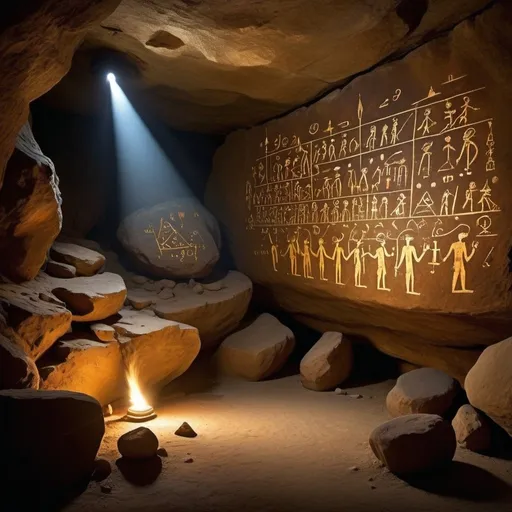 Prompt: "In a very dark cave, a tiny stick flambeau on cave wall casts a flickering light at the left side, illuminating an ancient painting on the cave partition. The painting, reminiscent of runes hieroglyphs, depicts a detailed scene of a scientific experiment, featuring elements such as flasks, equations like E=mc�, representations of the universe, and various lab equipment. The light from the flambeau reveals the intricate details and vibrant colors of the ancient artwork, highlighting where the light touches and bringing to life the profound pursuit of knowledge and discovery amidst the shadows. At the end of the long way cave, a mysterious light beckons, adding an aura of intrigue and wonder. 