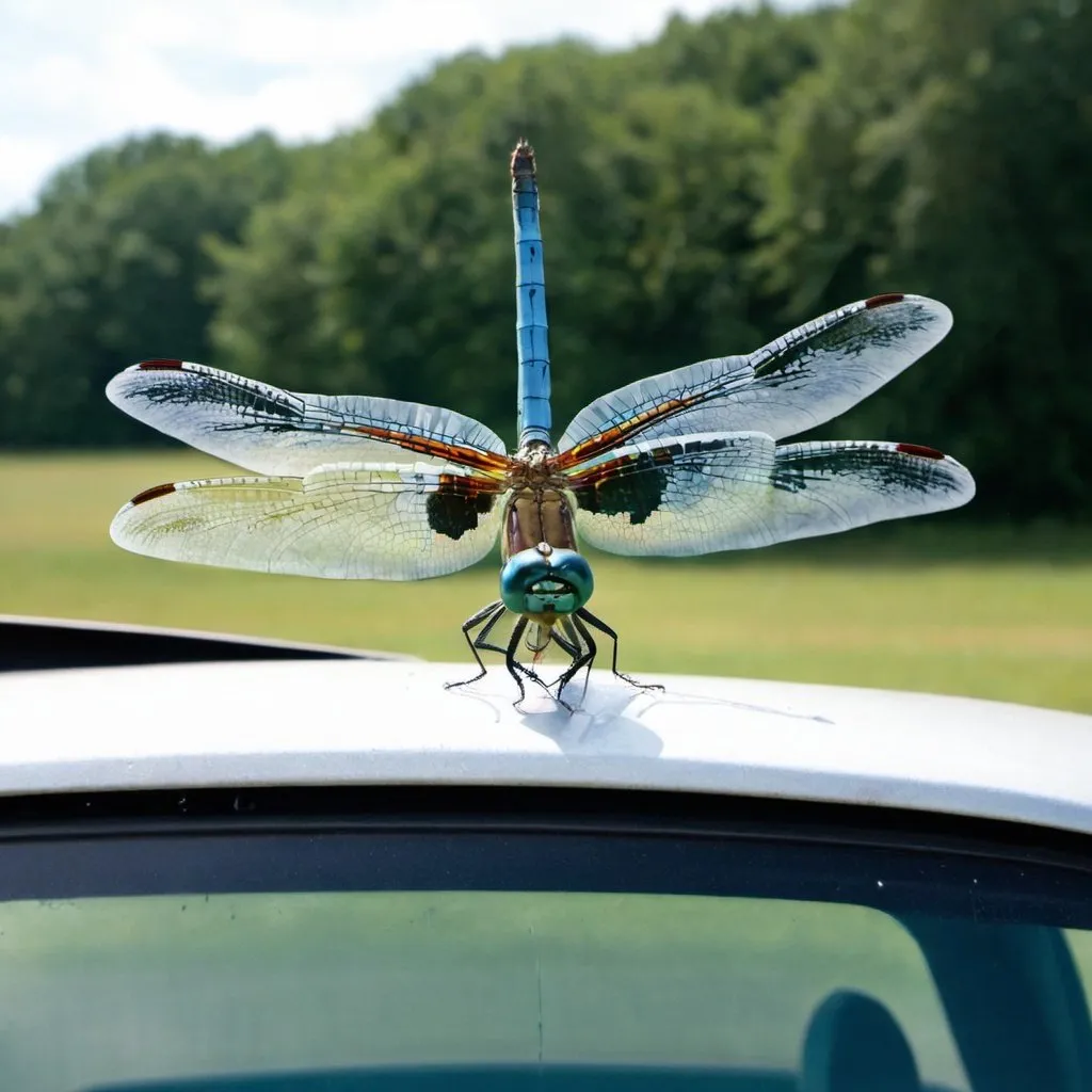 Prompt: A dragon fly sitting on a car wind shield.