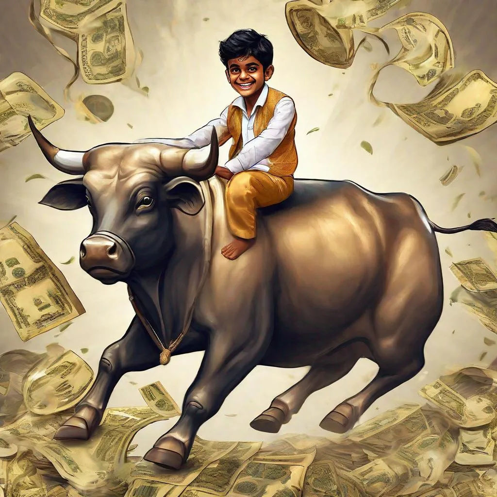 Prompt: Indian Rich boy riding money bull