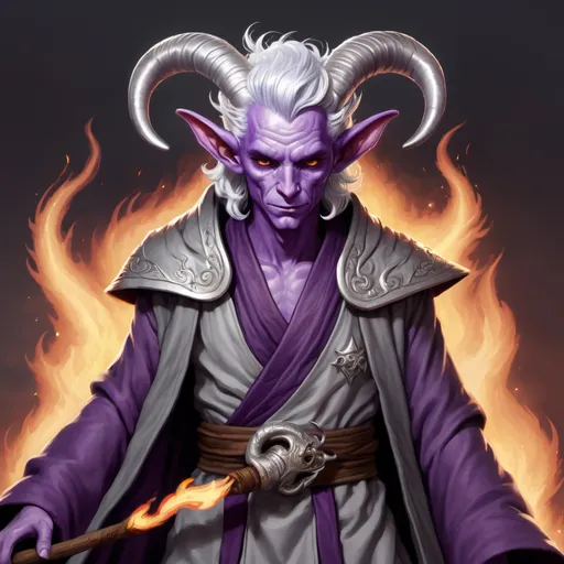 Prompt:  A purple skinned teifling with silver hair and eyes, a single set of tightly curled rams horns. He's wearing grey sorcorers robes and casting a fire spell.