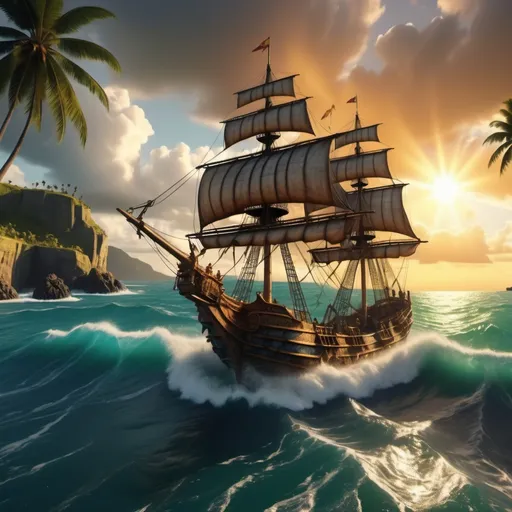 Prompt: Spanish ships (from the Middle Ages), arriving at the Carribean Islands for the first time, vibrant ocean colors, dramatic skies illuminated by the golden sunset, heavy waves crashing against sturdy ship hulls, lush green islands in the background, lush vegetation and palm trees, energized atmosphere, historical accuracy, adventure and exploration themes, high detail, ultra-detailed, 4K quality imagery.