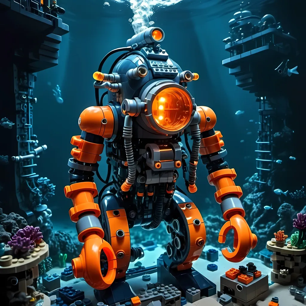 Prompt: one man underwater Cyberpunk transparent Lego and construction mechanical arms bionic wearable submarine diving suit with orange light in Atlantis Building the city and some lego scuba divers mini figure,  exploring deep dark sea, deep ocean, bionic, dark gray, neon light, bionic design , realistic underwater, detailed Lego construction, futuristic, high-tech, deep-sea exploration ,underwater scene, marine life, deep-sea exploration, cool tones,4k, intense and ominous atmosphere, high quality, detailed, Lego building, cyberpunk, deep ocean, futuristic Creature, underwater scene, atmospheric lighting