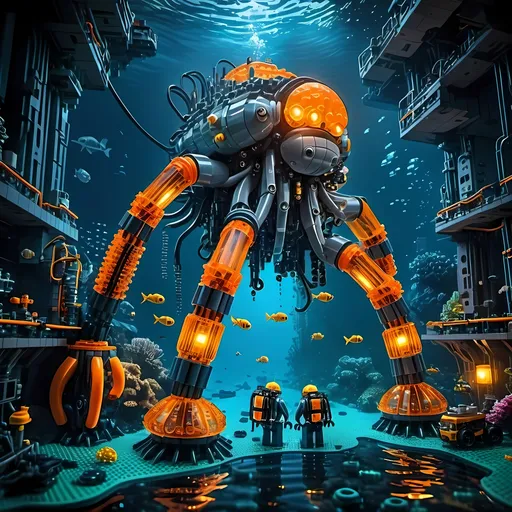 Prompt: huge underwater Cyberpunk transparent Lego and construction mechanical arms bionic sea floor lander with orange light in Atlantis Building the city and some lego scuba divers mini figure,  exploring deep dark sea, deep ocean, bionic, dark gray, neon light, bionic design , realistic underwater, detailed Lego construction, futuristic, high-tech, deep-sea exploration ,underwater scene, marine life, deep-sea exploration, cool tones,4k, intense and ominous atmosphere, high quality, detailed, Lego building, cyberpunk, deep ocean, futuristic Creature, underwater scene, atmospheric lighting