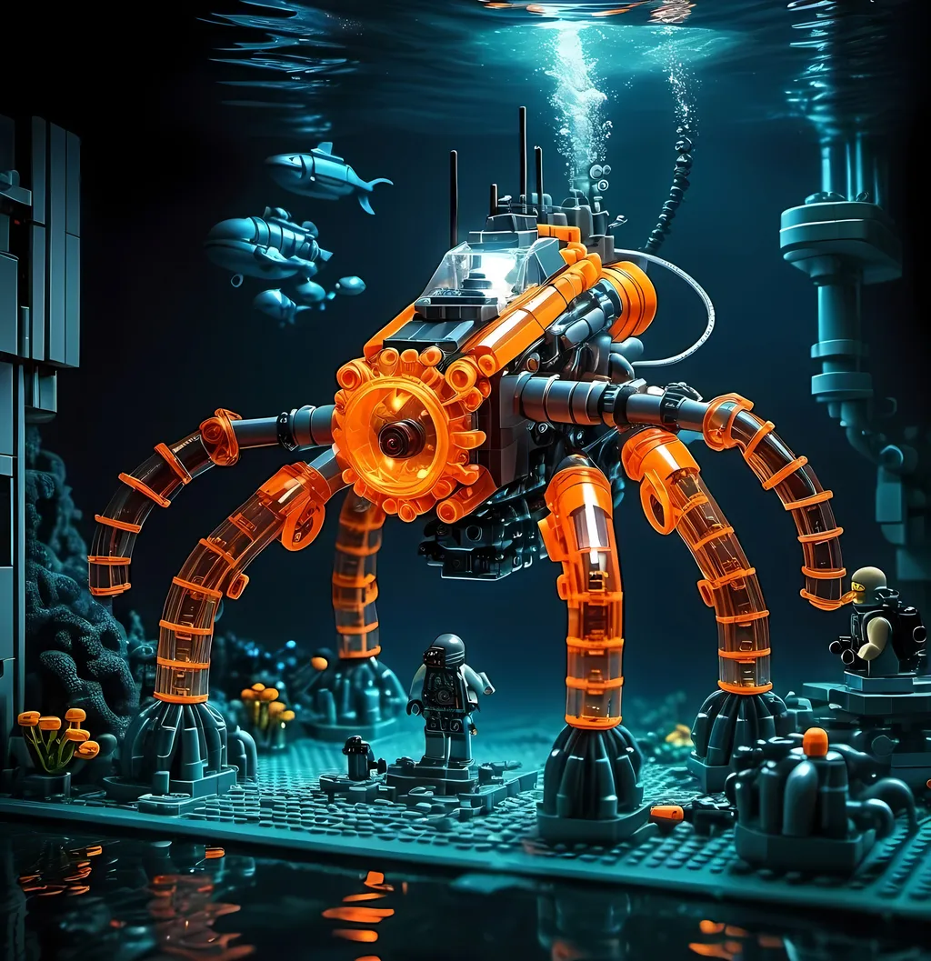 Prompt: underwater Cyberpunk transparent Lego construction mechanical arms bionic hover bike  machine with orange light in Atlantis Building the city and some lego scuba divers mini figure,  exploring deep dark sea, deep ocean, bionic, dark gray, neon light, bionic design , realistic underwater, detailed Lego construction, futuristic, high-tech, deep-sea exploration ,underwater scene, marine life, deep-sea exploration, cool tones,4k, intense and ominous atmosphere, high quality, detailed, Lego building, cyberpunk, deep ocean, futuristic Creature, underwater scene, atmospheric lighting