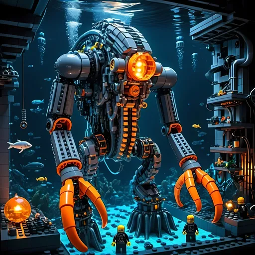 Prompt: huge underwater Cyberpunk transparent Lego and construction mechanical arm bionic weapon machine with orange light in Atlantis Building the city and some lego scuba divers mini figure,  exploring deep dark sea, deep ocean, bionic, dark gray, neon light, bionic design , realistic underwater, detailed Lego construction, futuristic, high-tech, deep-sea exploration ,underwater scene, marine life, deep-sea exploration, cool tones,4k, intense and ominous atmosphere, high quality, detailed, Lego building, cyberpunk, deep ocean, futuristic Creature, underwater scene, atmospheric lighting