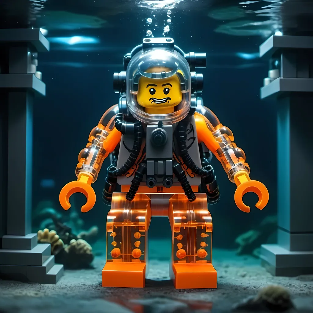 Prompt: underwater Cyberpunk Lego man wearing transparent wearable submarine diving suit with orange light and bionic arms backpack in Atlantis Building the city ,construction , mechanical,LEGO® Minifigures,  exploring deep dark sea, deep ocean, bionic, dark gray, neon light, bionic design , realistic underwater, futuristic, high-tech, deep-sea exploration ,underwater scene, marine life, deep-sea exploration, cool tones,4k, intense and ominous atmosphere, high quality, detailed, Lego building, cyberpunk, deep ocean, futuristic Creature, underwater scene, atmospheric lighting