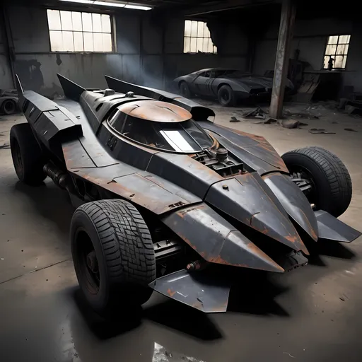 Prompt: Futuristic hybrid Transformable vehicle combining 1970 F1 Racing car and tank and f-16, Black , batman logo , three wheel car , gritty metal and sleek curves, post-apocalyptic wasteland, intense and dramatic lighting, high quality, detailed rust and grime, batmobile-inspired design, dark and moody, steel gray tones, dynamic angles, powerful and imposing presence, rugged and worn, highres, post-apocalyptic, batmobile, rusty details, dramatic lighting