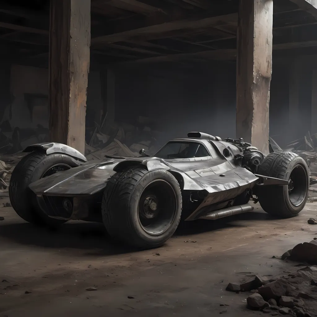 Prompt: Futuristic hybrid Transformable vehicle combining 1970 F1 Racing car and tank and f-16, Black , batman logo , three wheel car , gritty metal and sleek curves, post-apocalyptic wasteland, intense and dramatic lighting, high quality, detailed rust and grime, batmobile-inspired design, dark and moody, steel gray tones, dynamic angles, powerful and imposing presence, rugged and worn, highres, post-apocalyptic, batmobile, rusty details, dramatic lighting