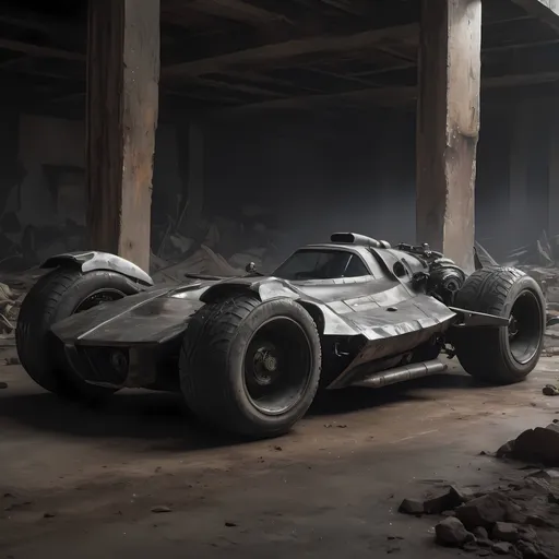 Prompt: Futuristic hybrid Transformable vehicle combining 1970 F1 Racing car and tank and f-16, Black , batman logo , three wheel car , gritty metal and sleek curves, post-apocalyptic wasteland, intense and dramatic lighting, high quality, detailed rust and grime, batmobile-inspired design, dark and moody, steel gray tones, dynamic angles, powerful and imposing presence, rugged and worn, highres, post-apocalyptic, batmobile, rusty details, dramatic lighting