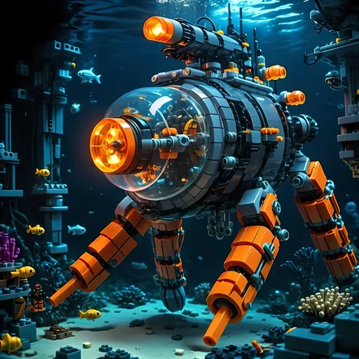 Prompt: one man underwater Cyberpunk transparent Lego and construction mechanical arms bionic wearabe submarine with orange light in Atlantis Building the city and some lego scuba divers mini figure,  exploring deep dark sea, deep ocean, bionic, dark gray, neon light, bionic design , realistic underwater, detailed Lego construction, futuristic, high-tech, deep-sea exploration ,underwater scene, marine life, deep-sea exploration, cool tones,4k, intense and ominous atmosphere, high quality, detailed, Lego building, cyberpunk, deep ocean, futuristic Creature, underwater scene, atmospheric lighting