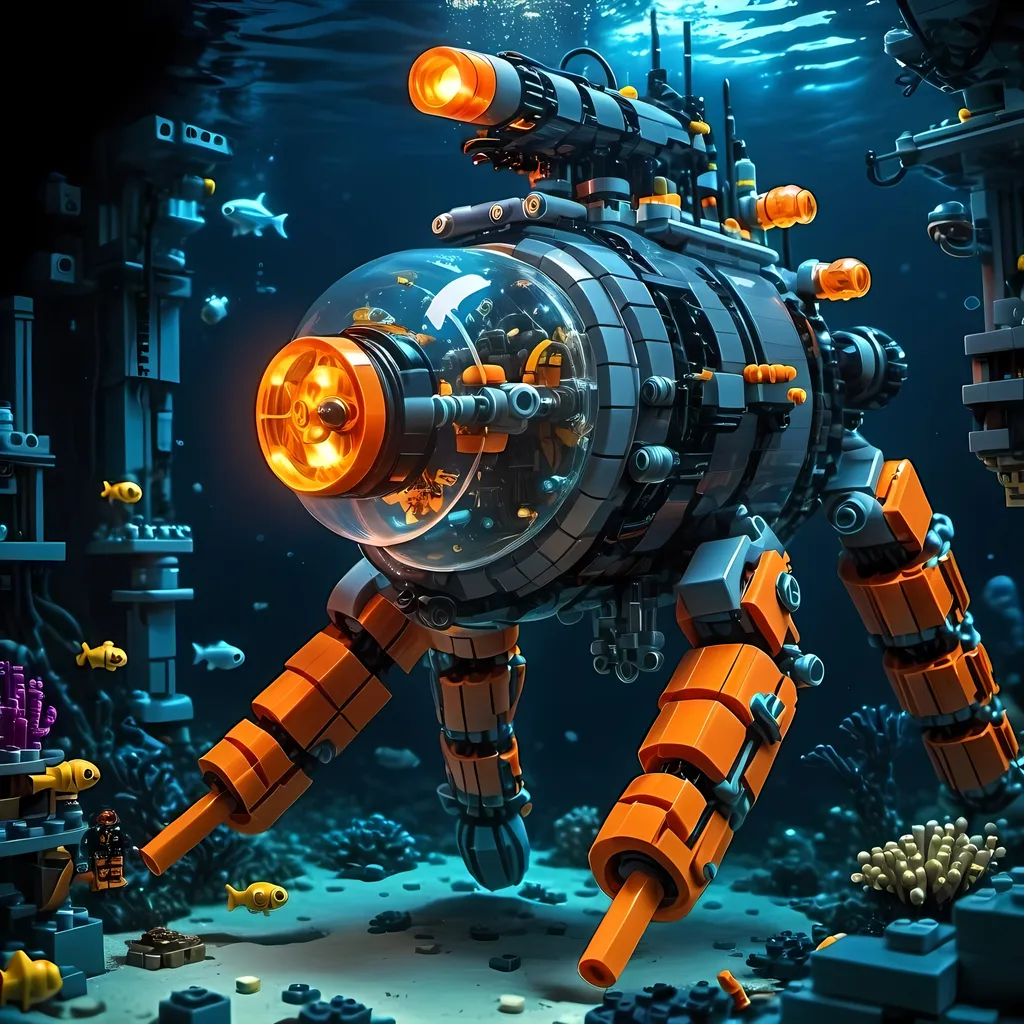 Prompt: one man underwater Cyberpunk transparent Lego and construction mechanical arms bionic wearabe submarine with orange light in Atlantis Building the city and some lego scuba divers mini figure,  exploring deep dark sea, deep ocean, bionic, dark gray, neon light, bionic design , realistic underwater, detailed Lego construction, futuristic, high-tech, deep-sea exploration ,underwater scene, marine life, deep-sea exploration, cool tones,4k, intense and ominous atmosphere, high quality, detailed, Lego building, cyberpunk, deep ocean, futuristic Creature, underwater scene, atmospheric lighting