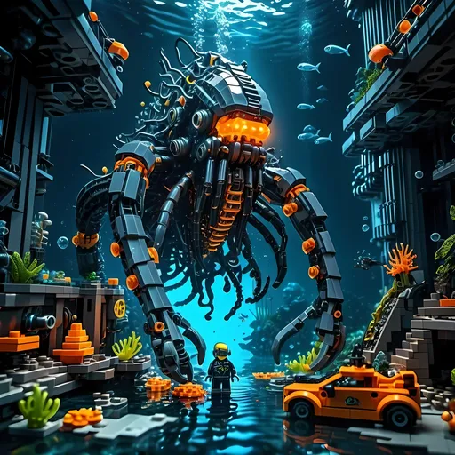 Prompt: huge underwater Cyberpunk transparent Lego and construction mechanical arms bionic unclear plant with orange light in Atlantis Building the city and some lego scuba divers mini figure,  exploring deep dark sea, deep ocean, bionic, dark gray, neon light, bionic design , realistic underwater, detailed Lego construction, futuristic, high-tech, deep-sea exploration ,underwater scene, marine life, deep-sea exploration, cool tones,4k, intense and ominous atmosphere, high quality, detailed, Lego building, cyberpunk, deep ocean, futuristic Creature, underwater scene, atmospheric lighting