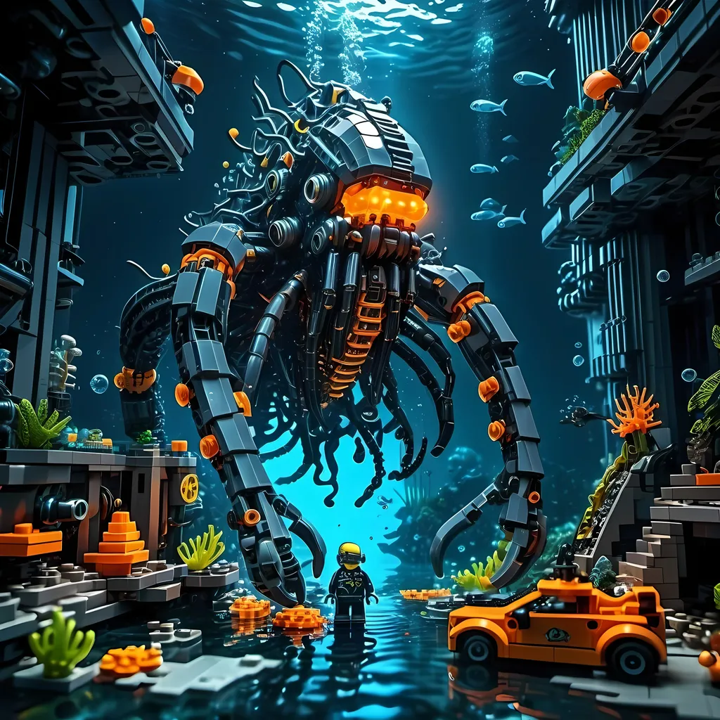 Prompt: huge underwater Cyberpunk transparent Lego and construction mechanical arms bionic unclear plant with orange light in Atlantis Building the city and some lego scuba divers mini figure,  exploring deep dark sea, deep ocean, bionic, dark gray, neon light, bionic design , realistic underwater, detailed Lego construction, futuristic, high-tech, deep-sea exploration ,underwater scene, marine life, deep-sea exploration, cool tones,4k, intense and ominous atmosphere, high quality, detailed, Lego building, cyberpunk, deep ocean, futuristic Creature, underwater scene, atmospheric lighting