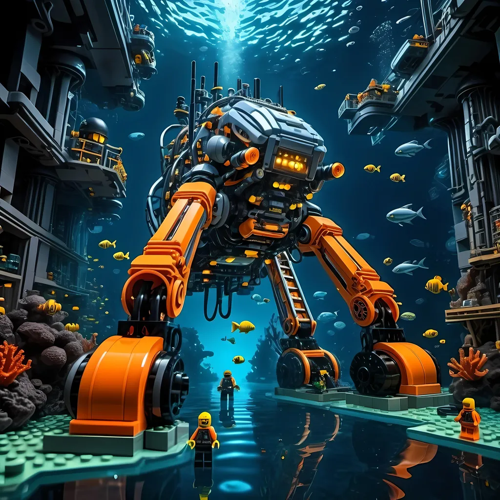 Prompt: huge underwater Cyberpunk transparent Lego and construction mechanical arms bionic sea floor digger machine with orange light in Atlantis Building the city and some lego scuba divers mini figure,  exploring deep dark sea, deep ocean, bionic, dark gray, neon light, bionic design , realistic underwater, detailed Lego construction, futuristic, high-tech, deep-sea exploration ,underwater scene, marine life, deep-sea exploration, cool tones,4k, intense and ominous atmosphere, high quality, detailed, Lego building, cyberpunk, deep ocean, futuristic Creature, underwater scene, atmospheric lighting