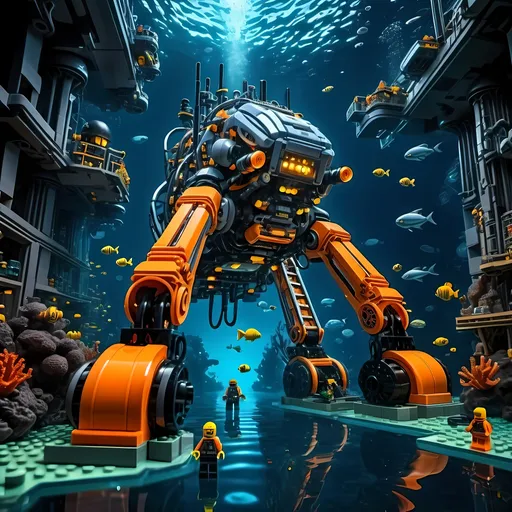 Prompt: huge underwater Cyberpunk transparent Lego and construction mechanical arms bionic sea floor digger machine with orange light in Atlantis Building the city and some lego scuba divers mini figure,  exploring deep dark sea, deep ocean, bionic, dark gray, neon light, bionic design , realistic underwater, detailed Lego construction, futuristic, high-tech, deep-sea exploration ,underwater scene, marine life, deep-sea exploration, cool tones,4k, intense and ominous atmosphere, high quality, detailed, Lego building, cyberpunk, deep ocean, futuristic Creature, underwater scene, atmospheric lighting