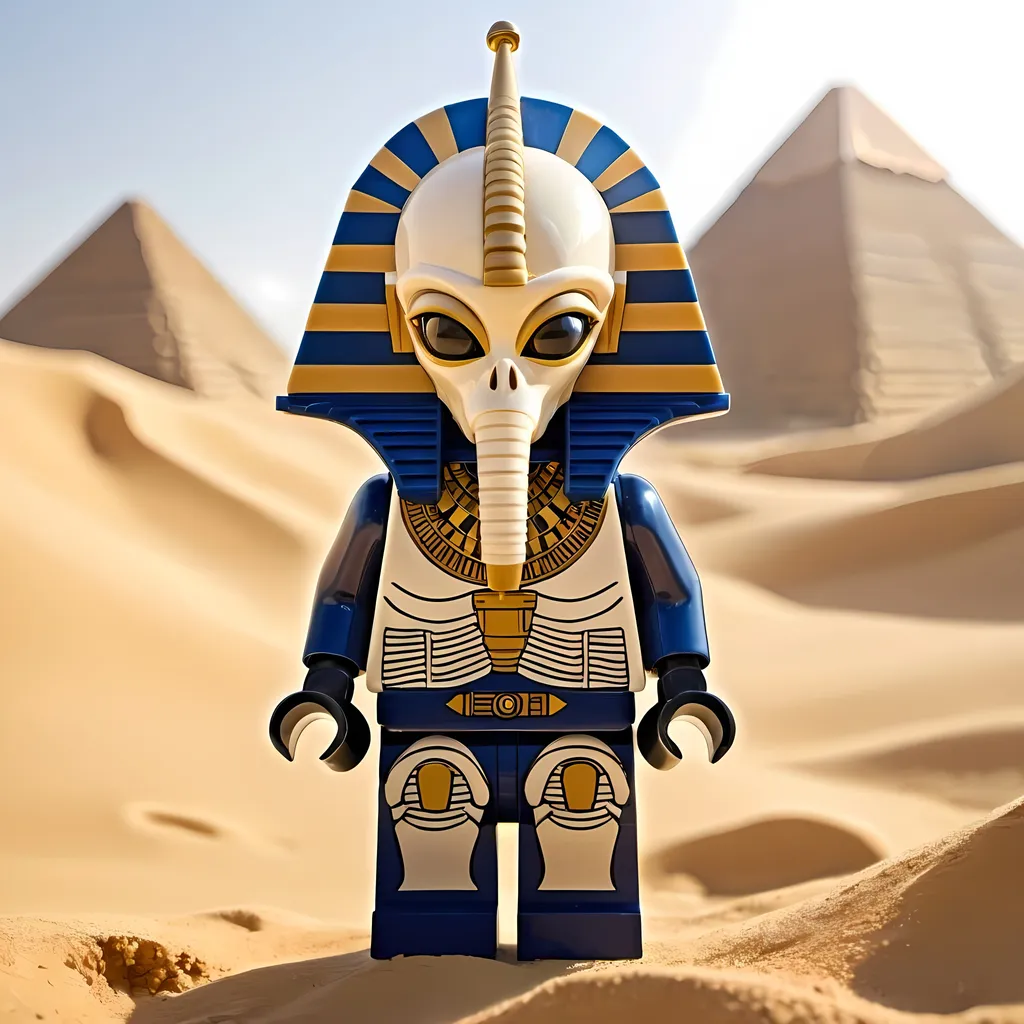 Prompt: Lego Alien LEGO® Minifigures wearing PHARAOH mask astronaut helmet at desert with cane ,LEGO® Minifigures ,alien ,PHARAOH , floating, coffin ,mummy , intricate machinery, sandy terrain, high quality, futuristi ,coasis forest , bionic arms, sunlight, oasis, highres, detailed, ancient, sci-fi, dusty colors, desert oasis, Lego, alien, construction, pyramid, bionic arms, ancient Egypt, sunlight, detailed machines, dusty colors, sci-fi, atmospheric lighting