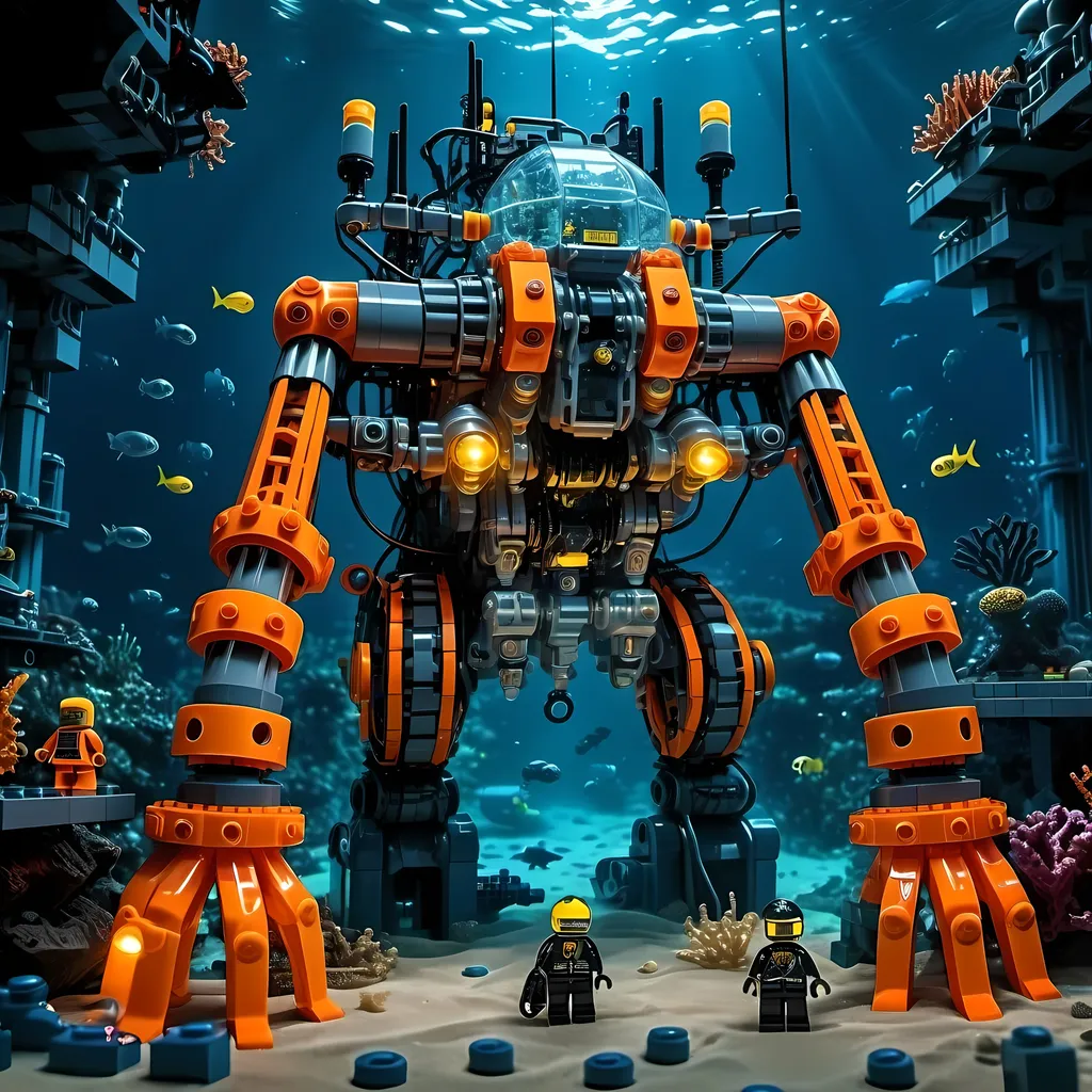 Prompt: huge underwater Cyberpunk transparent Lego and construction mechanical arms bionic sea floor digger machine with orange light in Atlantis Building the city and some lego scuba divers mini figure,  exploring deep dark sea, deep ocean, bionic, dark gray, neon light, bionic design , realistic underwater, detailed Lego construction, futuristic, high-tech, deep-sea exploration ,underwater scene, marine life, deep-sea exploration, cool tones,4k, intense and ominous atmosphere, high quality, detailed, Lego building, cyberpunk, deep ocean, futuristic Creature, underwater scene, atmospheric lighting