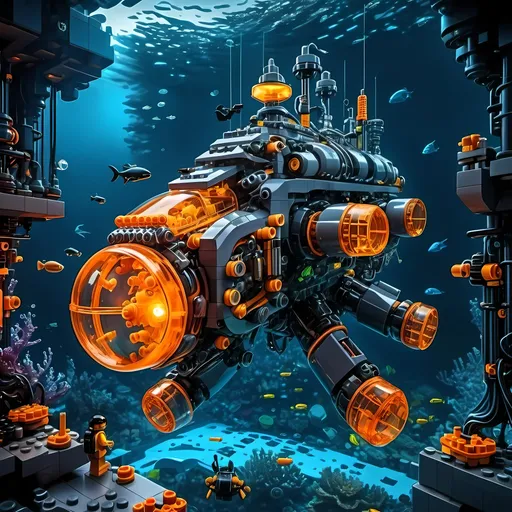 Prompt: huge underwater Cyberpunk transparent Lego and construction mechanical arms bionic hover scooter mix match machine with orange light in Atlantis Building the city and some lego scuba divers mini figure,  exploring deep dark sea, deep ocean, bionic, dark gray, neon light, bionic design , realistic underwater, detailed Lego construction, futuristic, high-tech, deep-sea exploration ,underwater scene, marine life, deep-sea exploration, cool tones,4k, intense and ominous atmosphere, high quality, detailed, Lego building, cyberpunk, deep ocean, futuristic Creature, underwater scene, atmospheric lighting